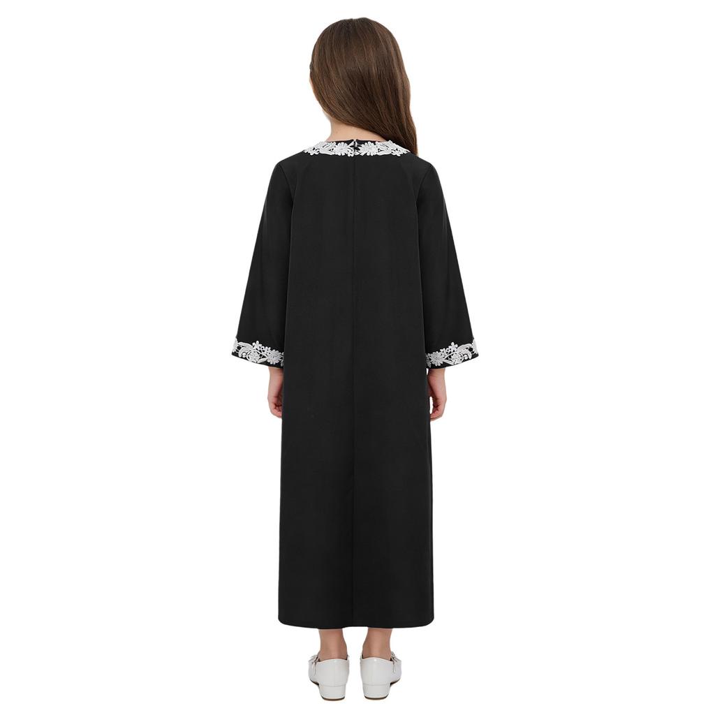 Girls Embroidered Lace Muslim Robe Abaya Round Neck Long Sleeve Back Invisible Zipper Loose Dress