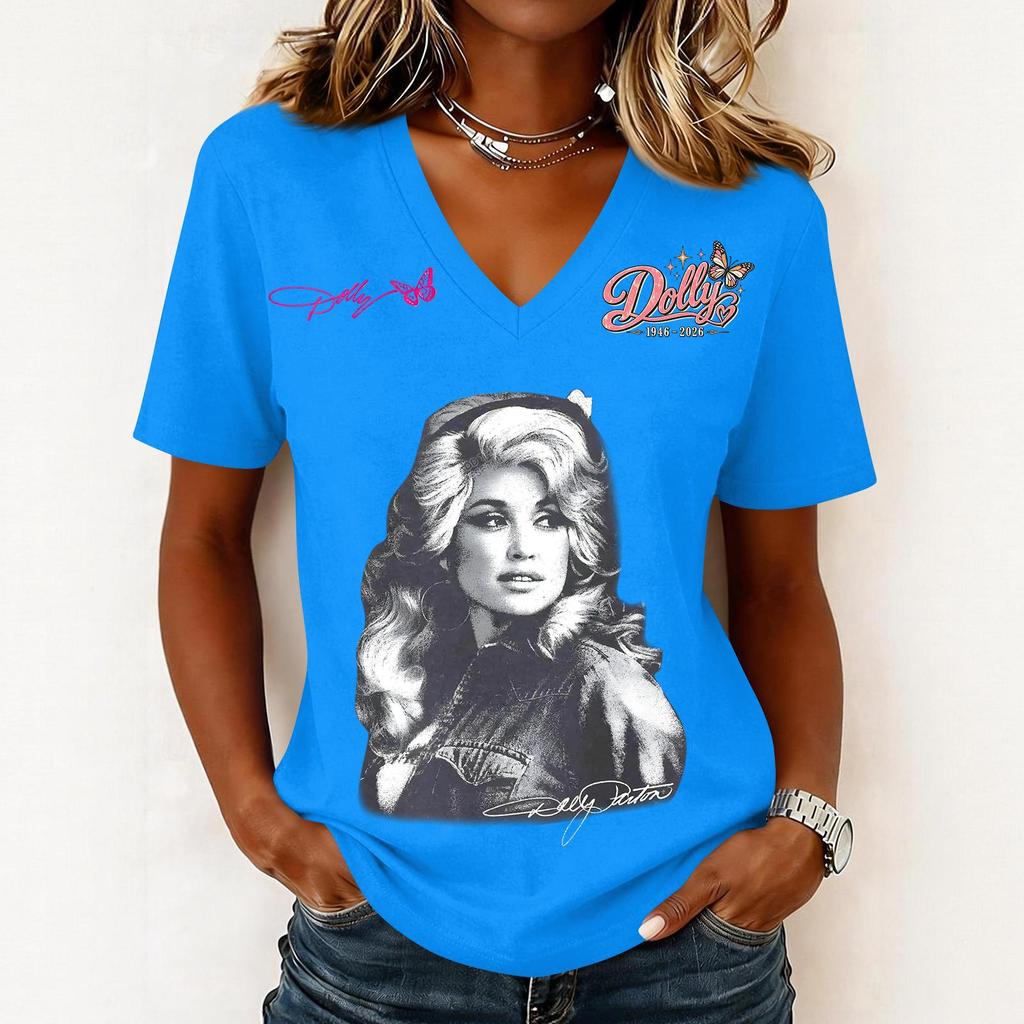 Women's Casual Letter Print V-Neck Short Sleeve Pullover Top