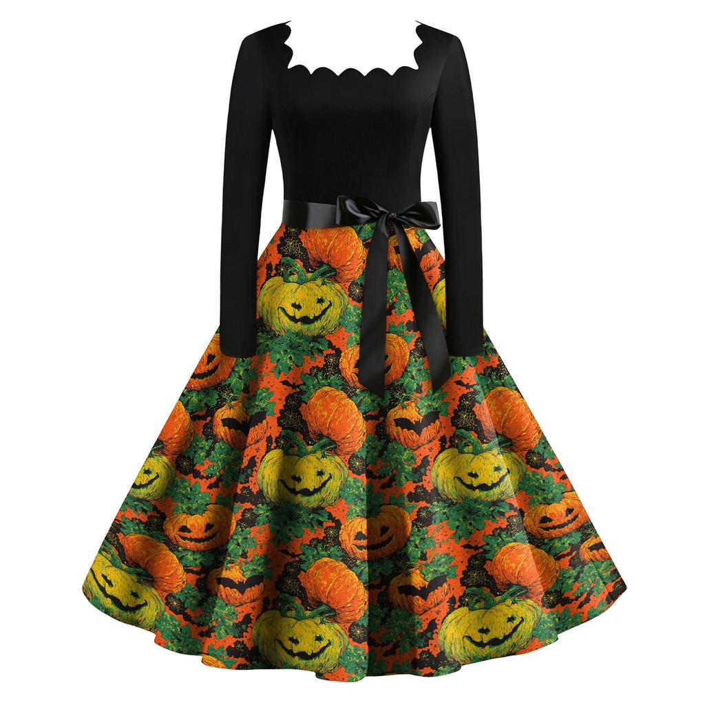 Women's Vintage Square Neck Long Sleeve Dress with Halloween Print for Evening Party