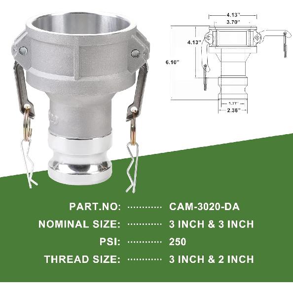 Camlock Fittings Type DA 3’’ Female Camlock × 2’’ Male Camlock Cam and Groove Hose Fittings, Aluminum Material, Reducer, 125PSI