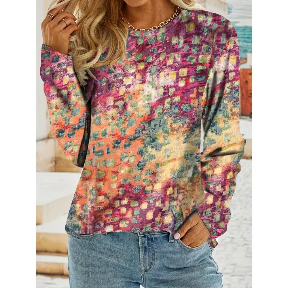 Women's Random Printed Long Sleeved Round Neck Slightly Elastic T-shirt