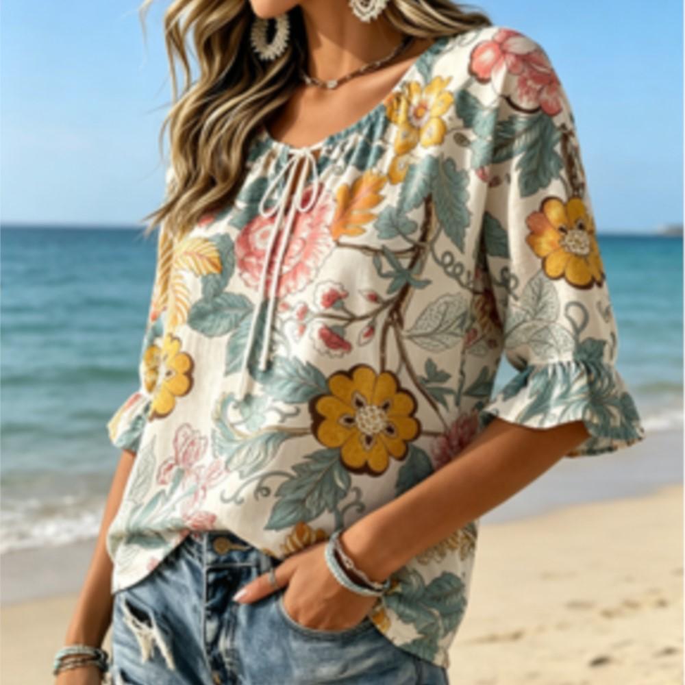 Women's Vintage Big Floral Leaf Print Tie Neck Ruffle Cuff 3/4 Sleeve Soft Flowery Loose Blouse