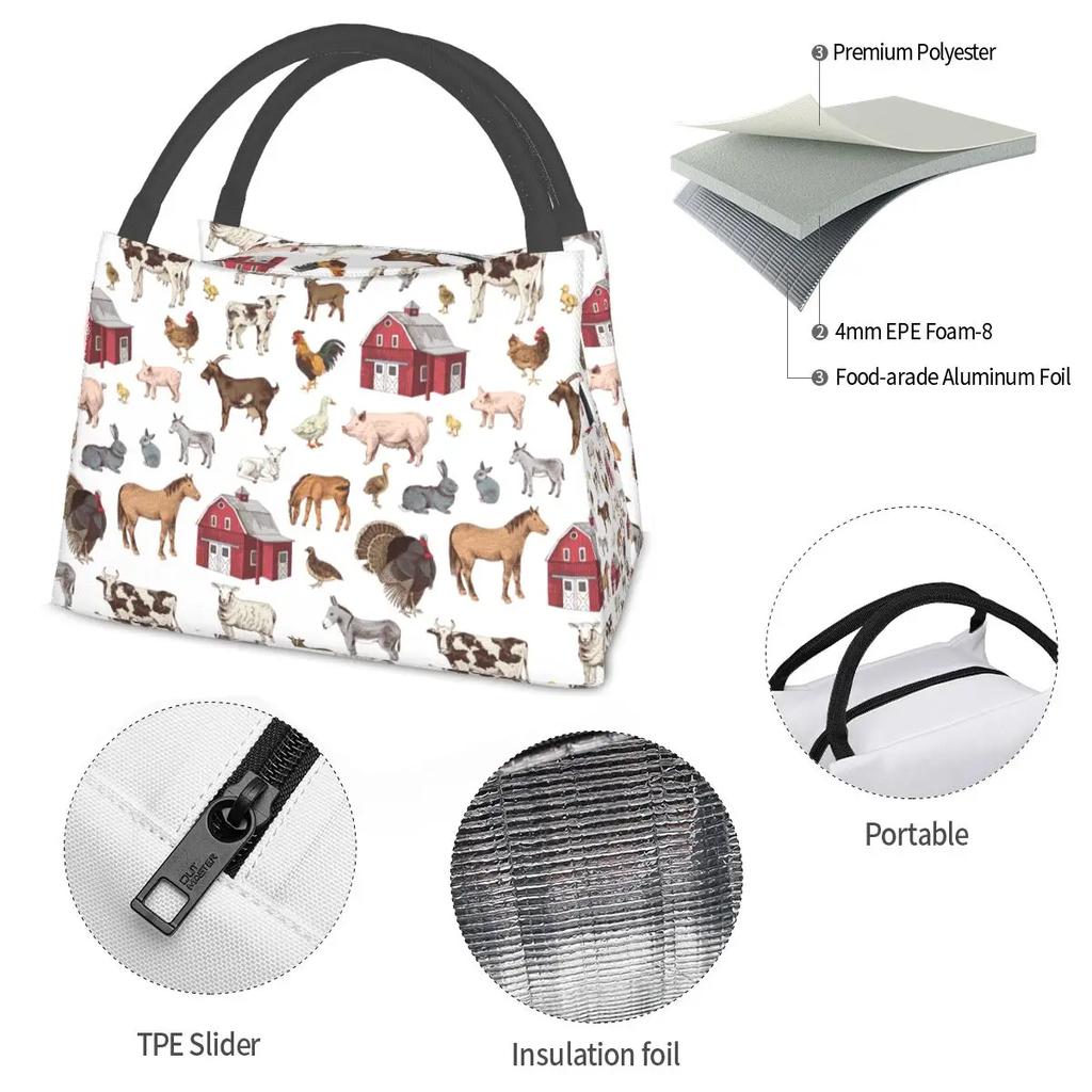 Landleben Bauernhoftiere Merch Lunchtasche Tragbar Isoliert Oxford Kühltasche Bauernhaus Geflügel Haustier Thermische Lebensmittel Lunchbox