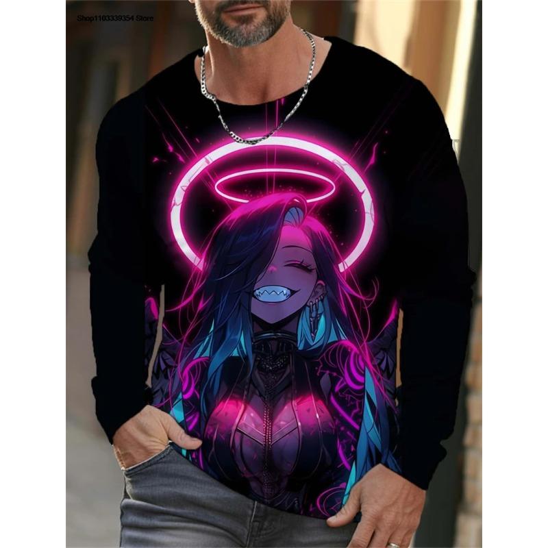 Anime Girl Graphic 3D Printed Top Casual Long Sleeved Men's T-shirts - Soft Medium Stretch Polyester Fabric Spring and Autumn Relaxed Fit Clothing