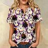 Women's Casual Short Sleeve Henley Shirt Cotton Linen Blend Chest Pocket Halloween Print Button Neck Blouse Lightweight Summer Top