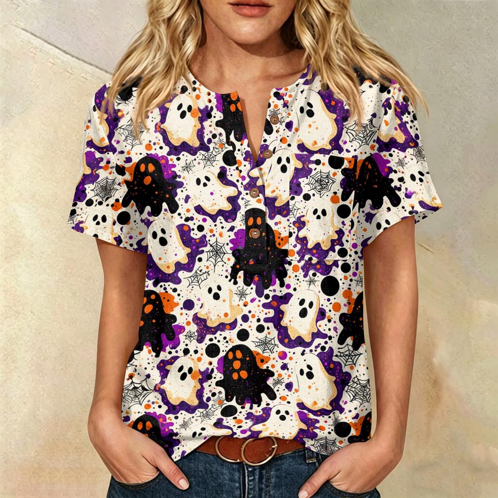 Women's Casual Short Sleeve Henley Shirt Cotton Linen Blend Chest Pocket Halloween Print Button Neck Blouse Lightweight Summer Top