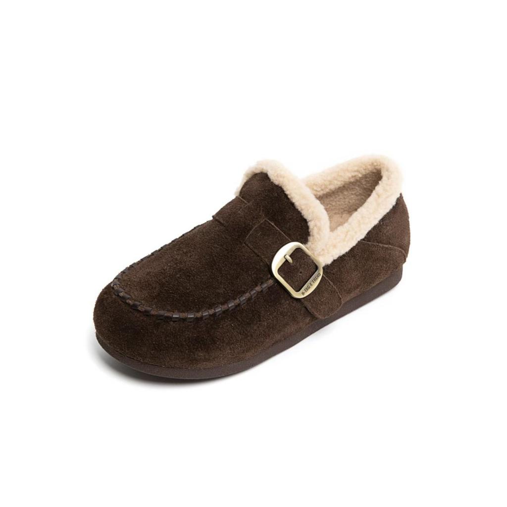 Leder Birkenstocks Damen 2025 Herbst und Winter Fleece Rundum Flauschige Schuhe Flache Sohle Ein Pedal Warme Doudou Schuhe Baumwollschuhe