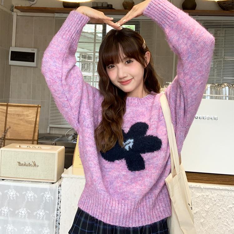 

Dimanaf Женские короткие свитера на осень 2025 года, вязаные, с цветочным узором, базовая модная модель с круглым вырезом, фиолетовый стиль, свободный красный пуловер One Size фиолетовый