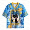 2026 JAPANESE Couple Tarot Black Cat No. 13 Jersey with Mysterious Sun and Moon Print Purple Mesh V-neck men women T-shirt