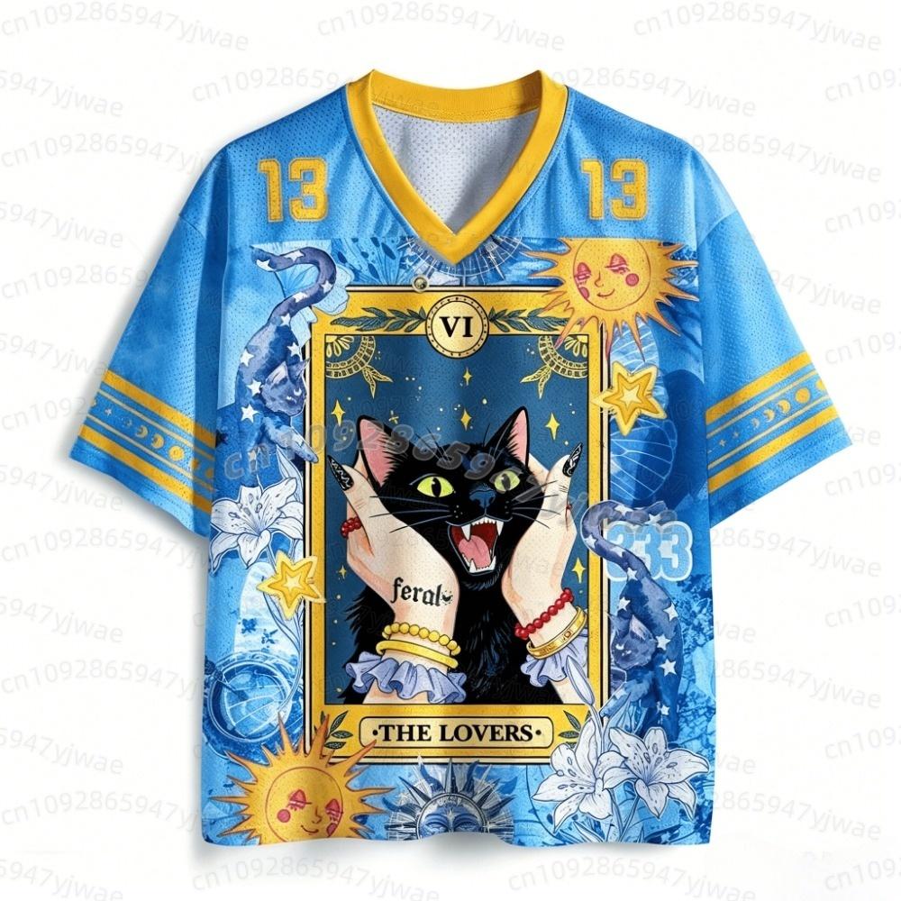 2026 JAPANESE Couple Tarot Black Cat No. 13 Jersey with Mysterious Sun and Moon Print Purple Mesh V-neck men women T-shirt