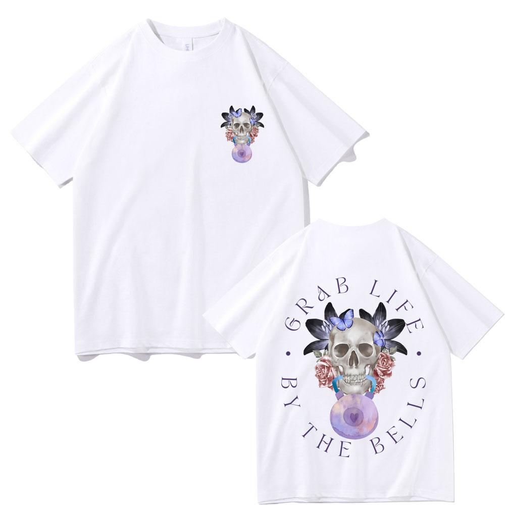 Grab Life By The Bells Gym Pump Cover T-shirt Men's Funny Kettlebell Skeleton Short Sleeve Male Fashion Casual Oversized Tees