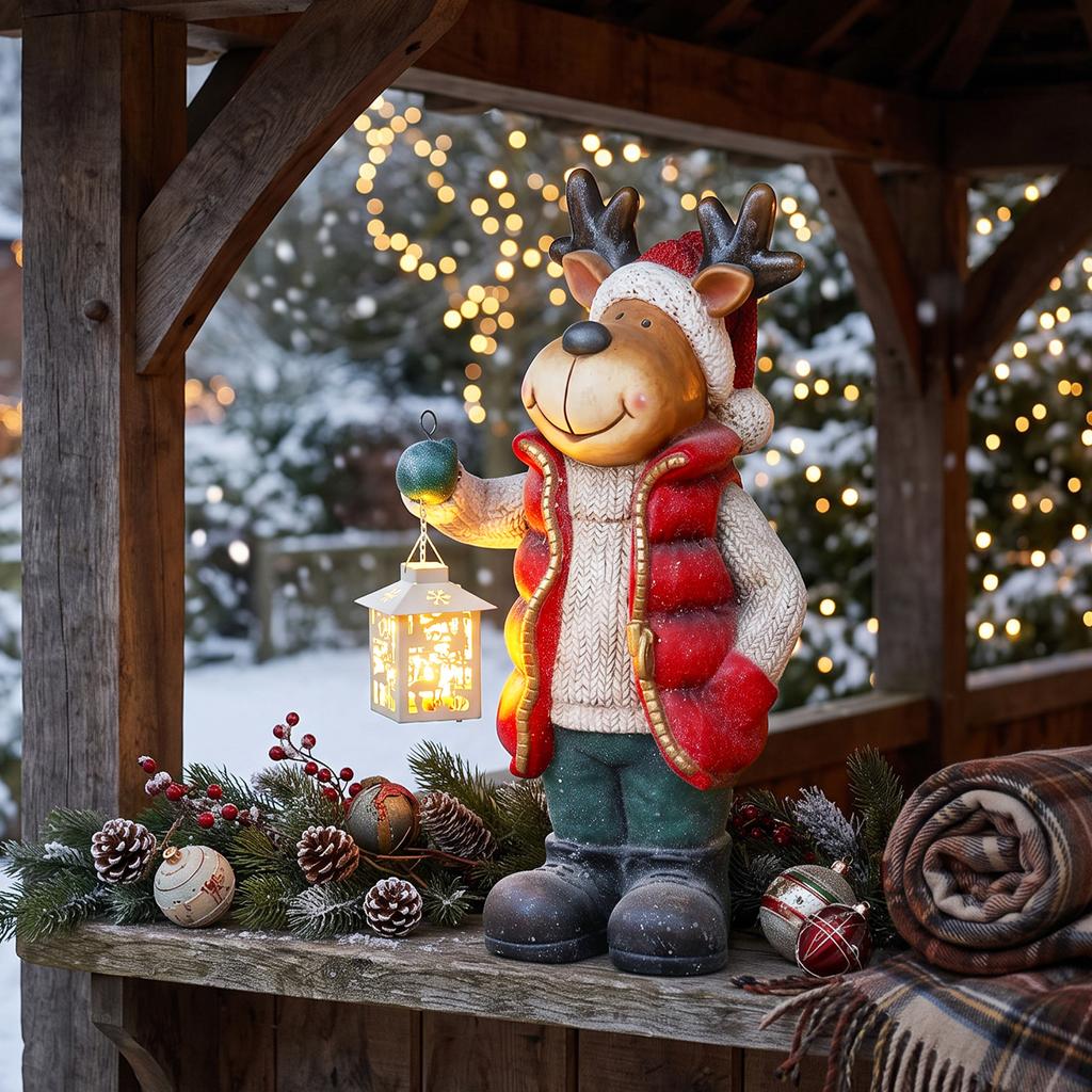 Christmas Decoration, Reindeer with Lantern, LED, Battery-operated, 25.5 X 19.5 X 52 Cm, Red