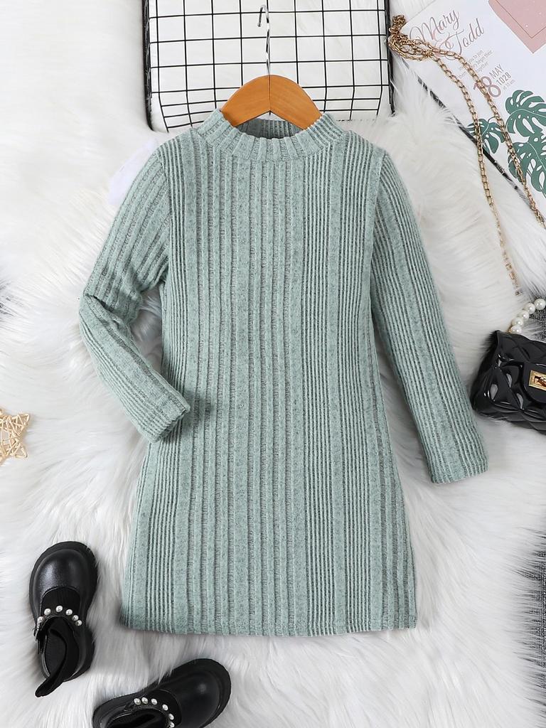 Girls' baby long-sleeved round-neck green striped casual fashion cute dress