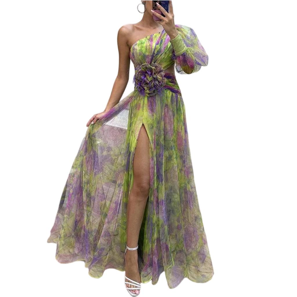 Women's Summer Dress Slanted Shoulder Mesh Printed Suspender Holiday Casual Party Dress