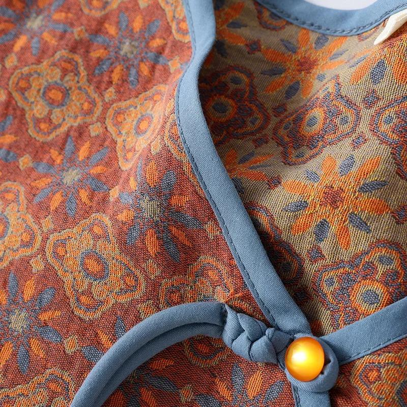 Baumwollpyjama im chinesischen Stil für Damen, doppellagige Gaze, langärmelige Hose, Loungewear, V-Ausschnitt, Heimkleidung, 2-teiliges Set