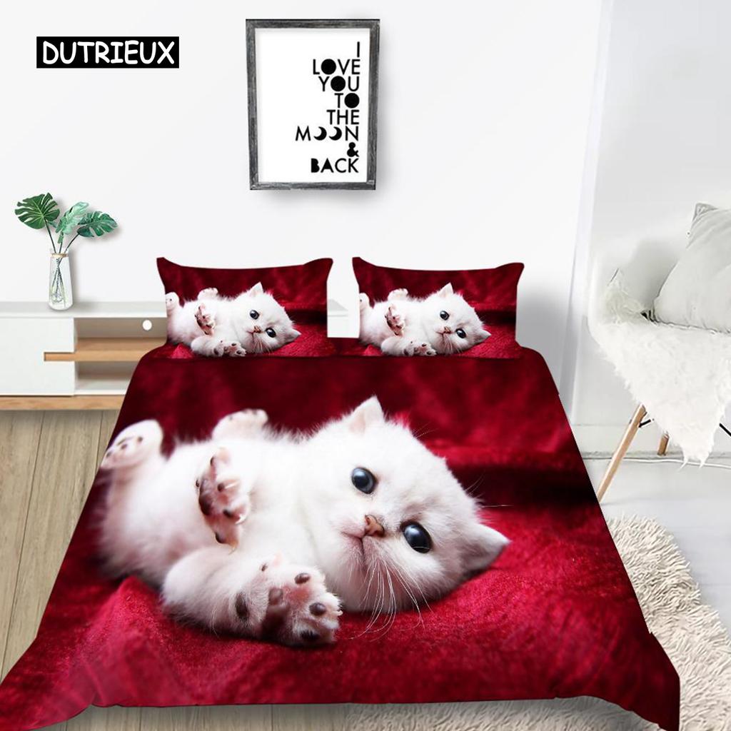 Cat Duvet Cover Set King Size Microfiber Cute Animal Print Girl Teen Kid Comforter Cover Lovely Kitty Series Pattern Bedding Set