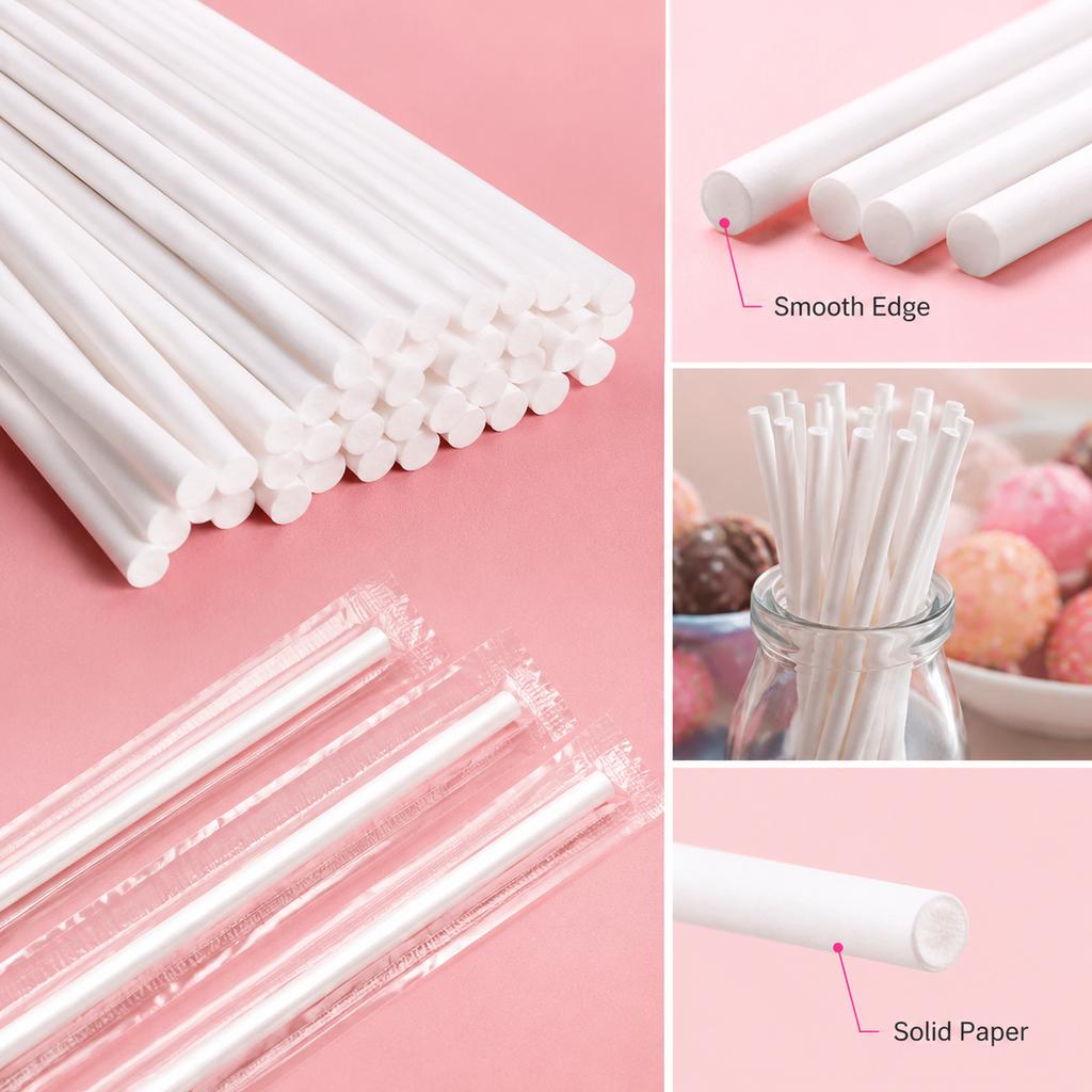 Lollipop Paper Sticks 100pcs White Solid Round Candy Cake Pop Sticks for Baking, Dessert Making, Parties and Events