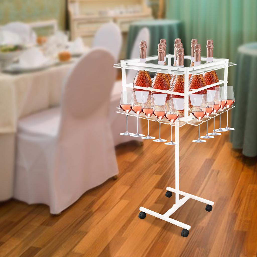 Champagne Display Stand, Party Glass Holder - 2-Tier Decorative Rack with Wheels, Holds Up to 44 lbs, Mobile Bar Cart Organizer
