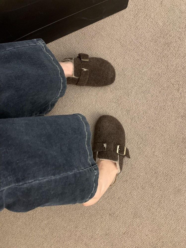thick-soled velvet half-tow Birkenstocks, fluffy shoes, warm slippers outside shoes, cotton shoes, loafers, single shoes