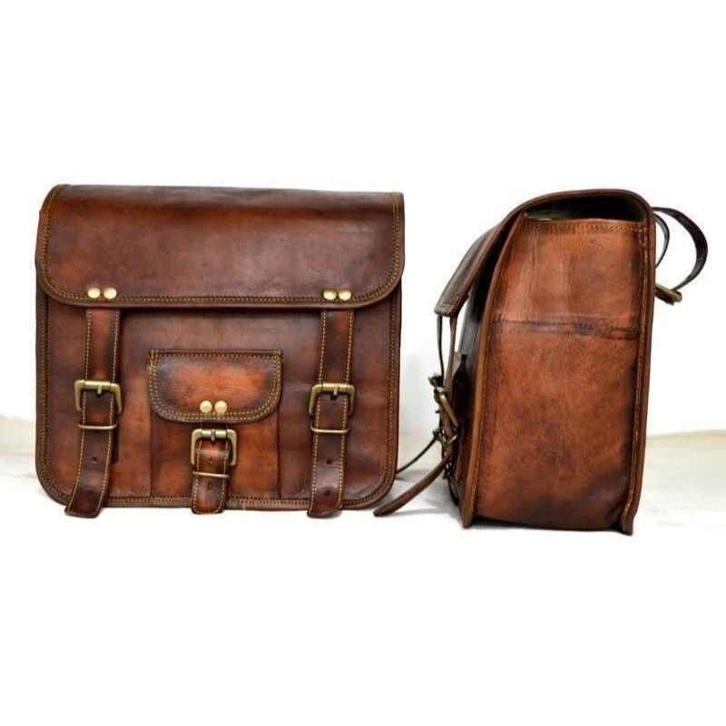 Bag Leather Motorcycle Pouch 2 Side Saddlebag Saddle Panniers Brown Tool Storage