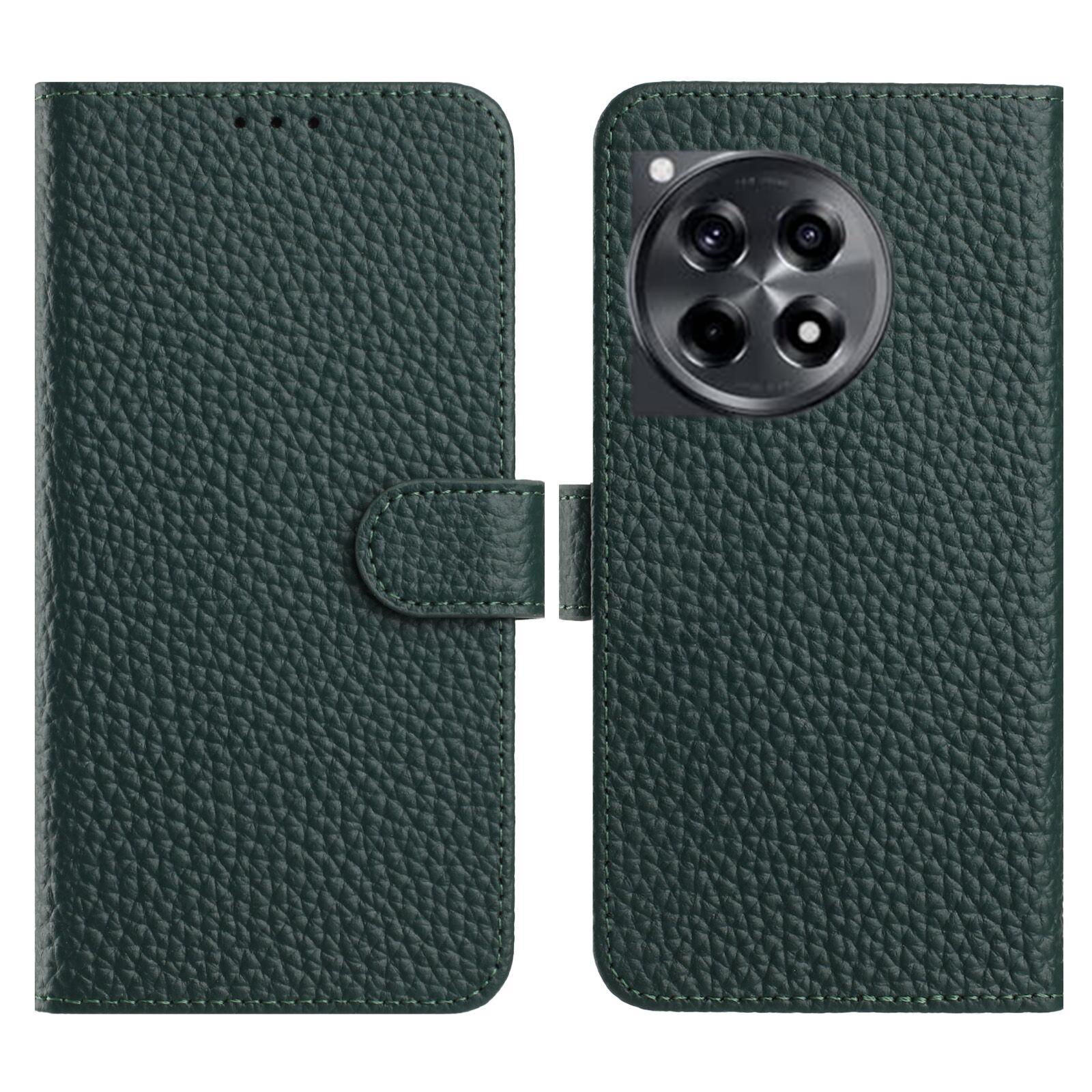 

For OnePlus 12R 5G Case Wallet Stand Litchi Texture Genuine Cow Leather Flip Phone Cover Green