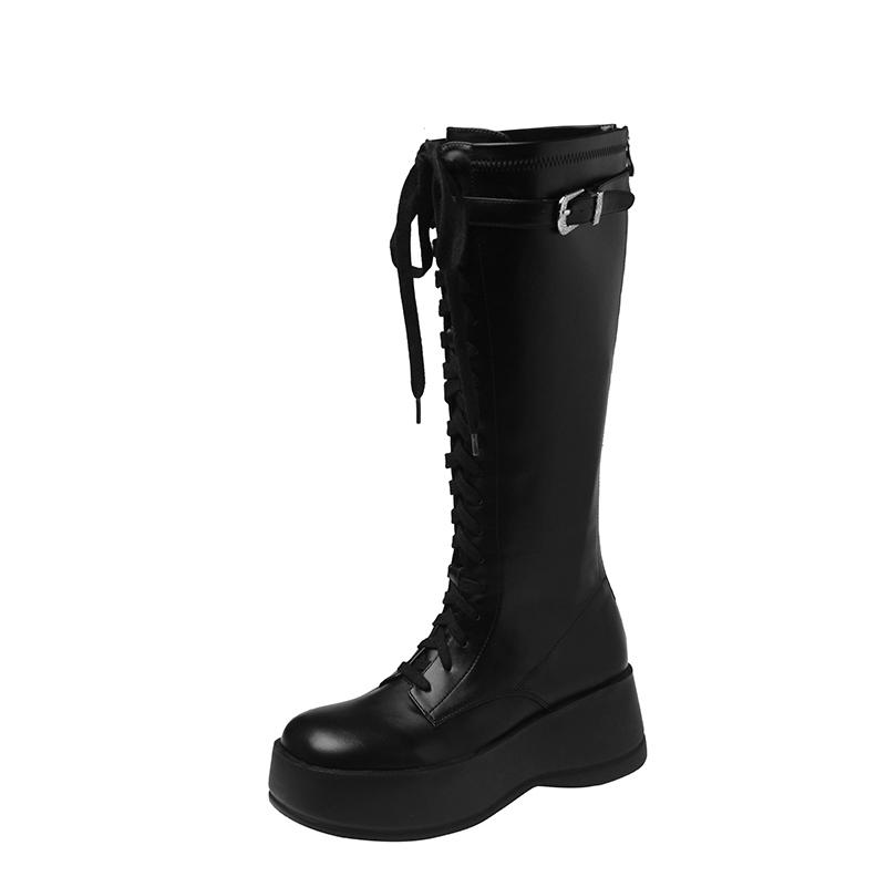 

Жіночі високі чоботи з натуральної шкіри, круглий носок, плоска платформа, високий каблук, блискавка, шнурівка, пряжка, довгі чоботи, жіноче зимове взуття 39 чорний