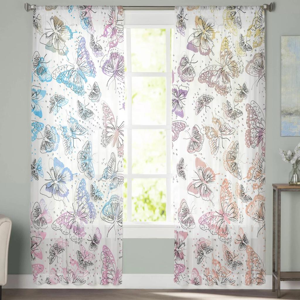 Spring Butterfly Hand-painted Watercolor Sheer Curtains Elegant Voile Tulle for Bedroom Window Holiday Decoration