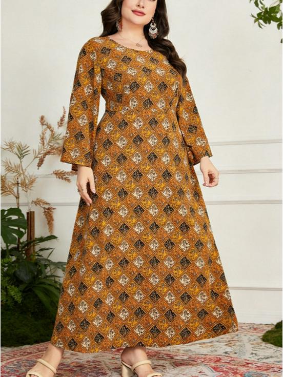 Middle Eastern Ethnic Plus Size Women s Bell Sleeve Printed Long Dress 5XL разноцветный