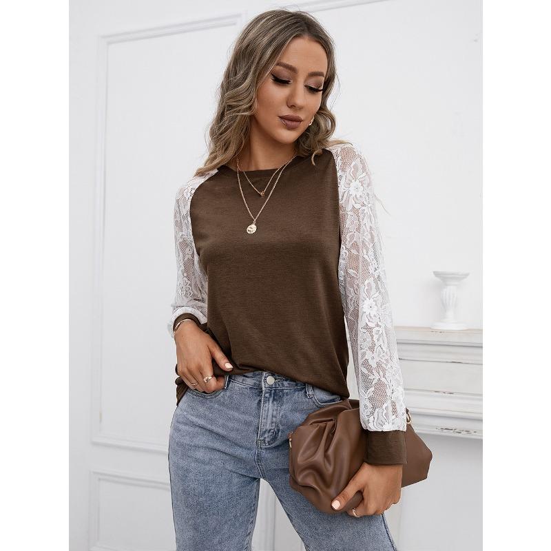 Autumn Winter Women's T-Shirts Hollow Lace Patchwork Long Sleeve Round Neck T-shirt for Women