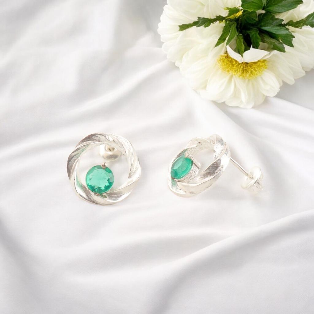 925 Stamped Silver Jewelry Chrome Diopside Gemstone Stud Handmade Earrings 0.64" CE-13-2