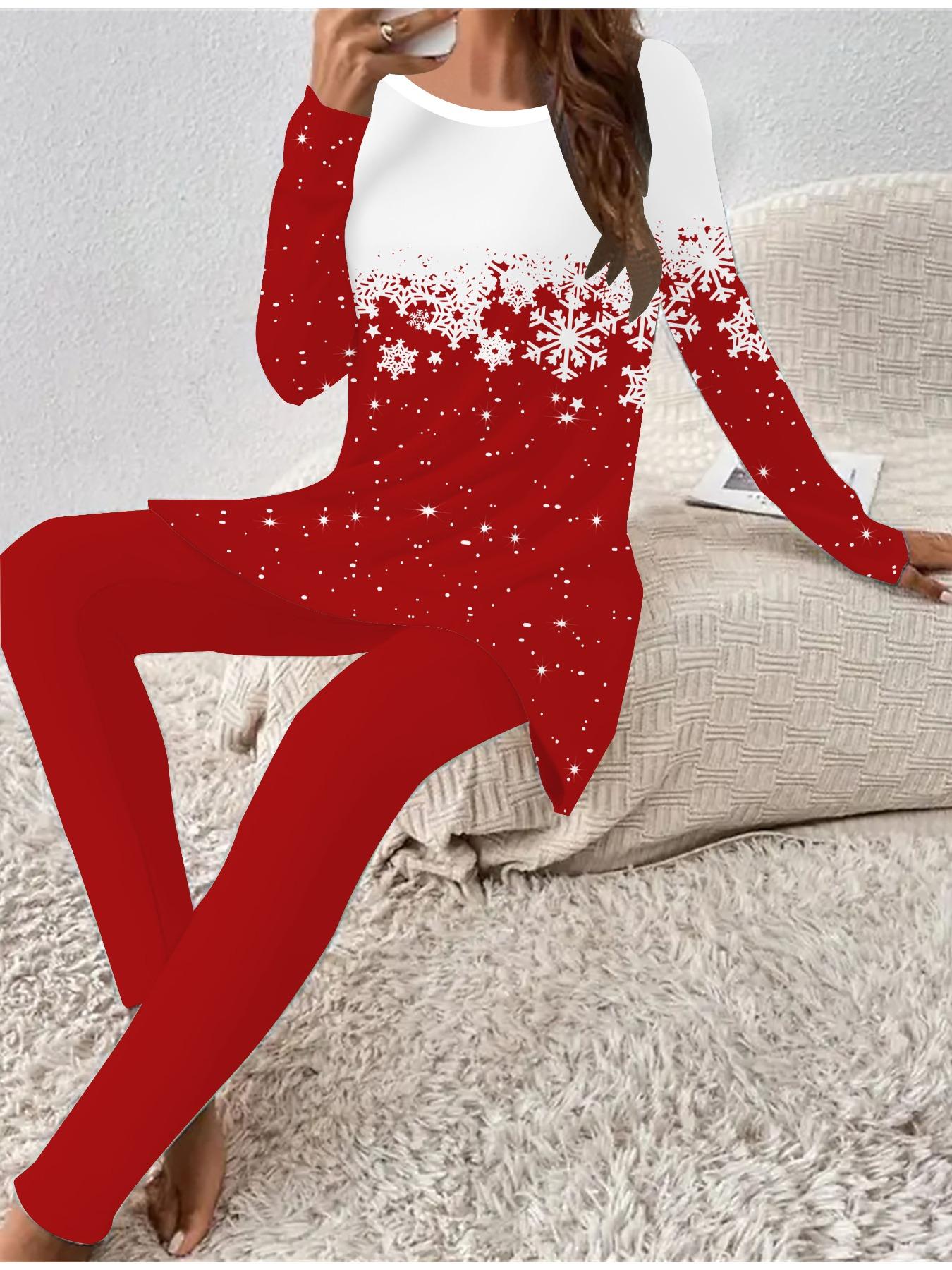 

Євро-американська мода 3D Різдвяний принт Жіночий Чотирисезонний Комплект з двох предметів: Футболка з довгим рукавом + Довгі штани. Ідеальний подарунок на Новий рік та Різдво 8XL червоний