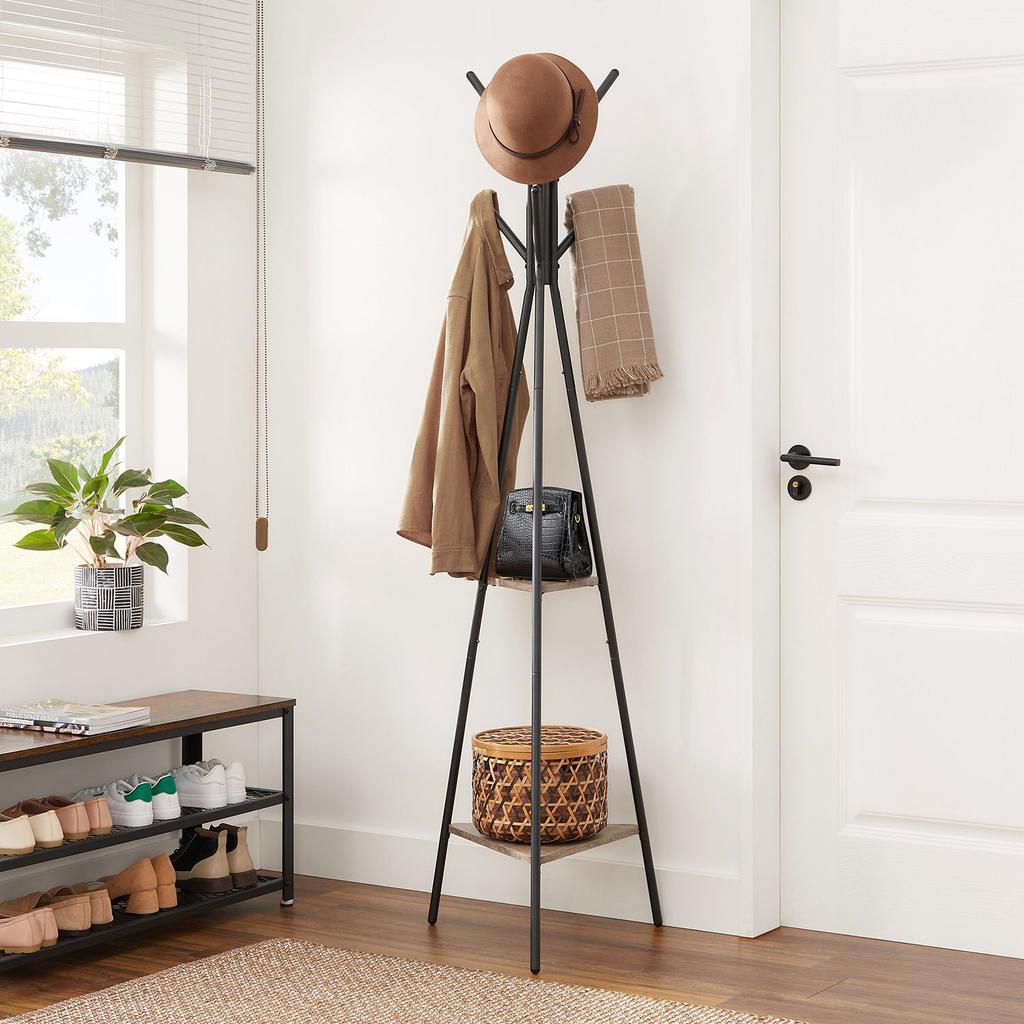 VASAGLE Rack Stand, Coat Tree, Hall Tree Free Standing, Industrial Style, with 2 Shelves, for Clothes, Hat, Bag, Greige and Black