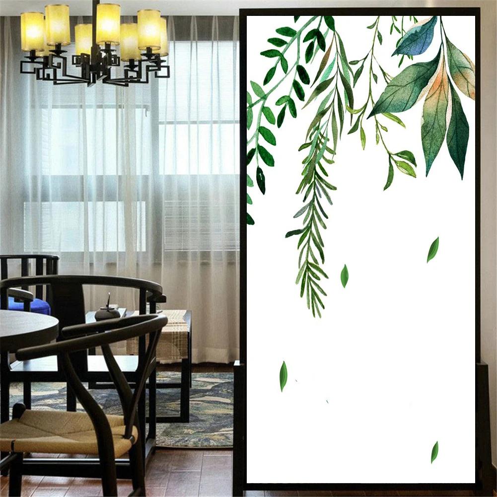 

Static Cling Privacy Windows Film Decorative Green Plants Leaves Stained Glass Window Stickers Frosted Window Film (as the picture,40x60cm WxH)