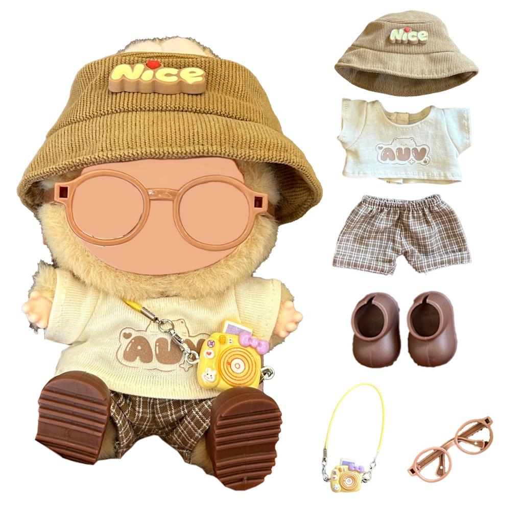 Labubu Clothes (Doll Not Included) Plush Clothes Set for 15cm and 17cm Labubu Plush Toys, 6-Piece Set Includes Hat, Outfit, Pants, Shoes, Glasses,