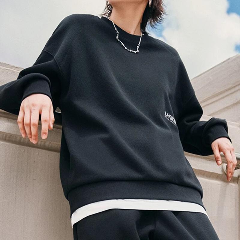 Li Ning Sports Lifestyle Series Letter Print Fleece Warm Reflective Pullover Crewneck Sweatshirt Unisex Sweatshirt Black AWDTB41-6