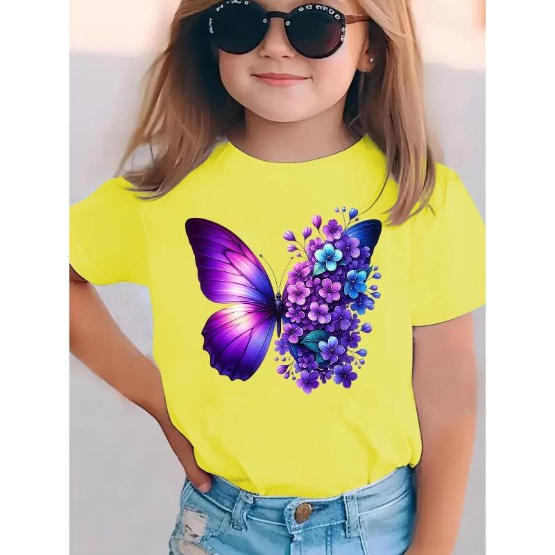Girls Summer Fashion Short Sleeve T-Shirt Purple and Butterflies Cartoon Print Casual Versatile