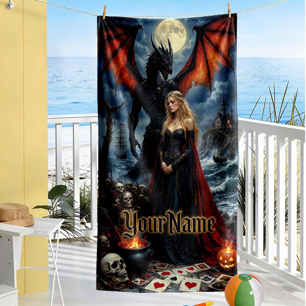 Gothic Illustrations Customizable Name Beach Towel High Absorbency & Quick-Dry