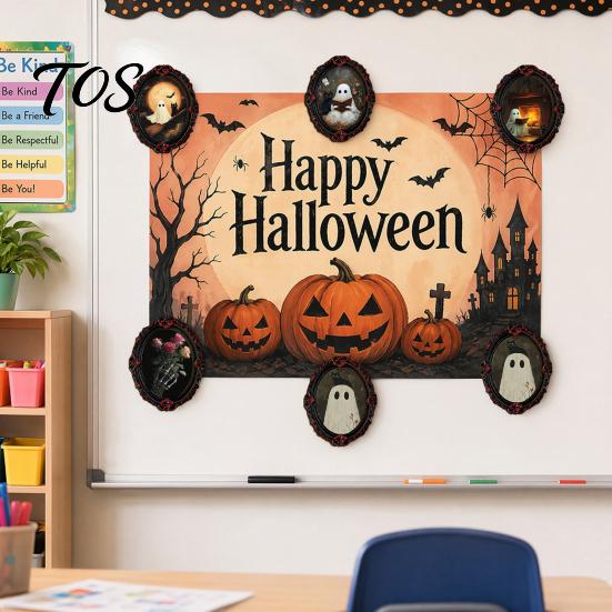 Decorative Magnetic Photo Holders Halloween Wooden Refrigerator Magnets, Vintage Gothic Oval Frame Fridge Magnets with Witch Ghost Decors Castle Art,