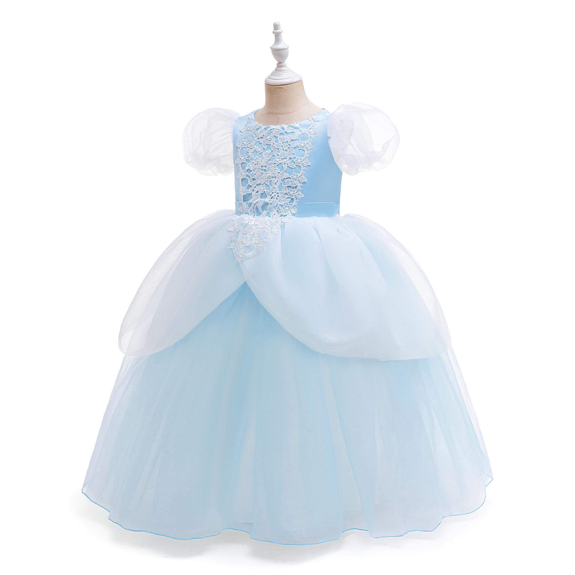 

European and American Cinderella Princess Dress - Girls Puff Sleeve Frozen Elsa Cosplay Costume for Festivals 130cm/7Y