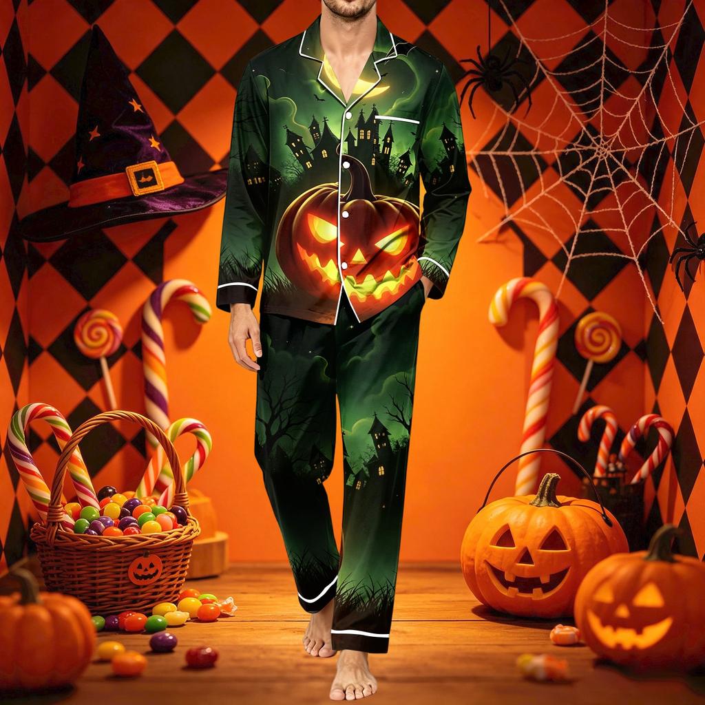 Men's Pajama Set with Long Sleeve Shirt and Pants, Loose Fit Halloween Print Sleepwear