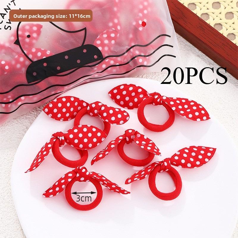 20PCS.Korean-style Fashion Fabric Hair Ties: Cute Rabbit Ear Hair Accessories with Polka Dots, Stripes & Floral Patterns,Perfect