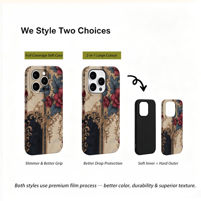 Opulent Premium Vintage Rose Baroque Damask Art Graphic Film Aesthetic Protective Shockproof Bumper Phone Case Cover For iPhone 14 15 16 Pro Max Plus