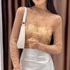 Top in pizzo con scollo a mezza altezza per donna con maniche lunghe, top sexy a strati in maglia sottile