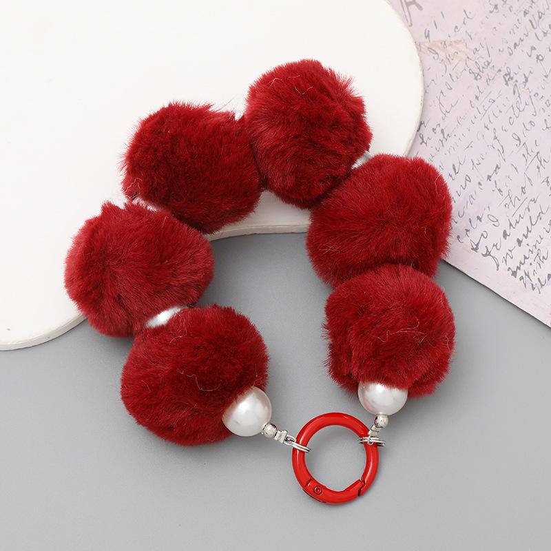 New Korean Version Plush Ball Pendant Handmade Bead Phone Pendant Short Wristband Anti Loss Chain for Women Bag Accessories