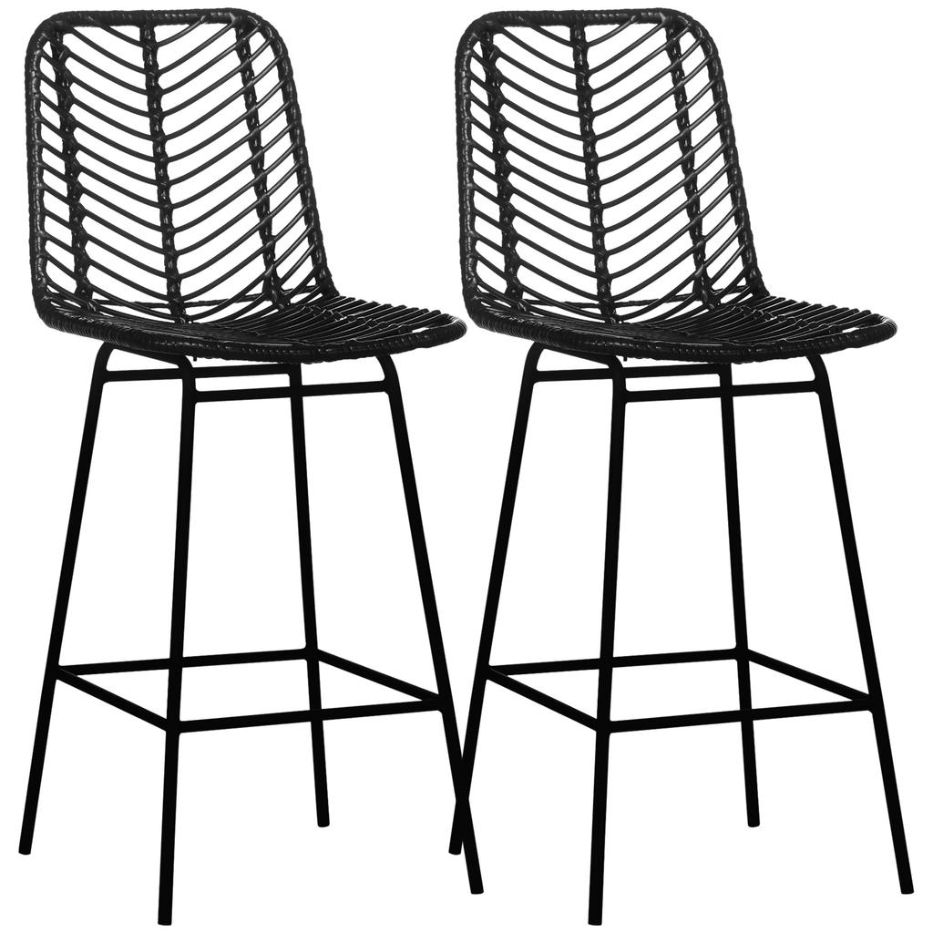 Set of 2 Bohemian Design Bar Stools Seat Height 66 cm with Footrests Metal and PE Rattan - Black