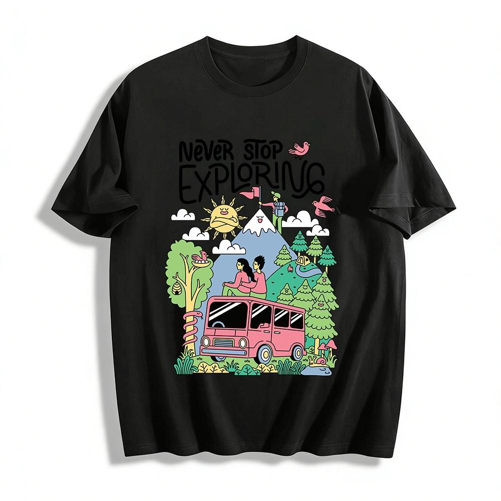 Never Stop Exploring Outdoor Adventure Graphic Print Casual Tee Pure cotton T-shirt XXS