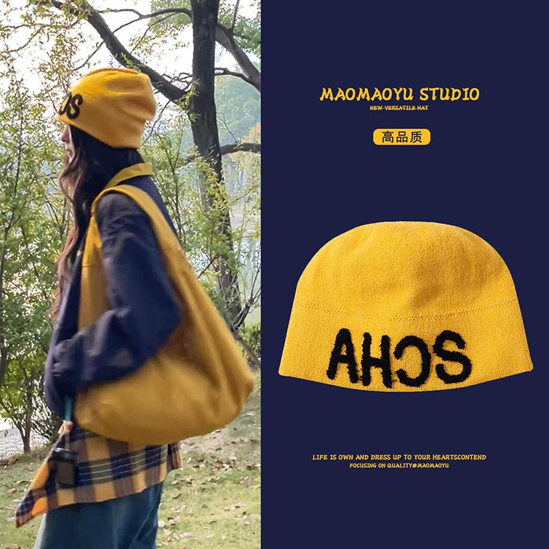 Korean version of Xiaoxiangfeng embroidered letter stack hat children's season warm knitted hat big head circumference showing face small cold hat