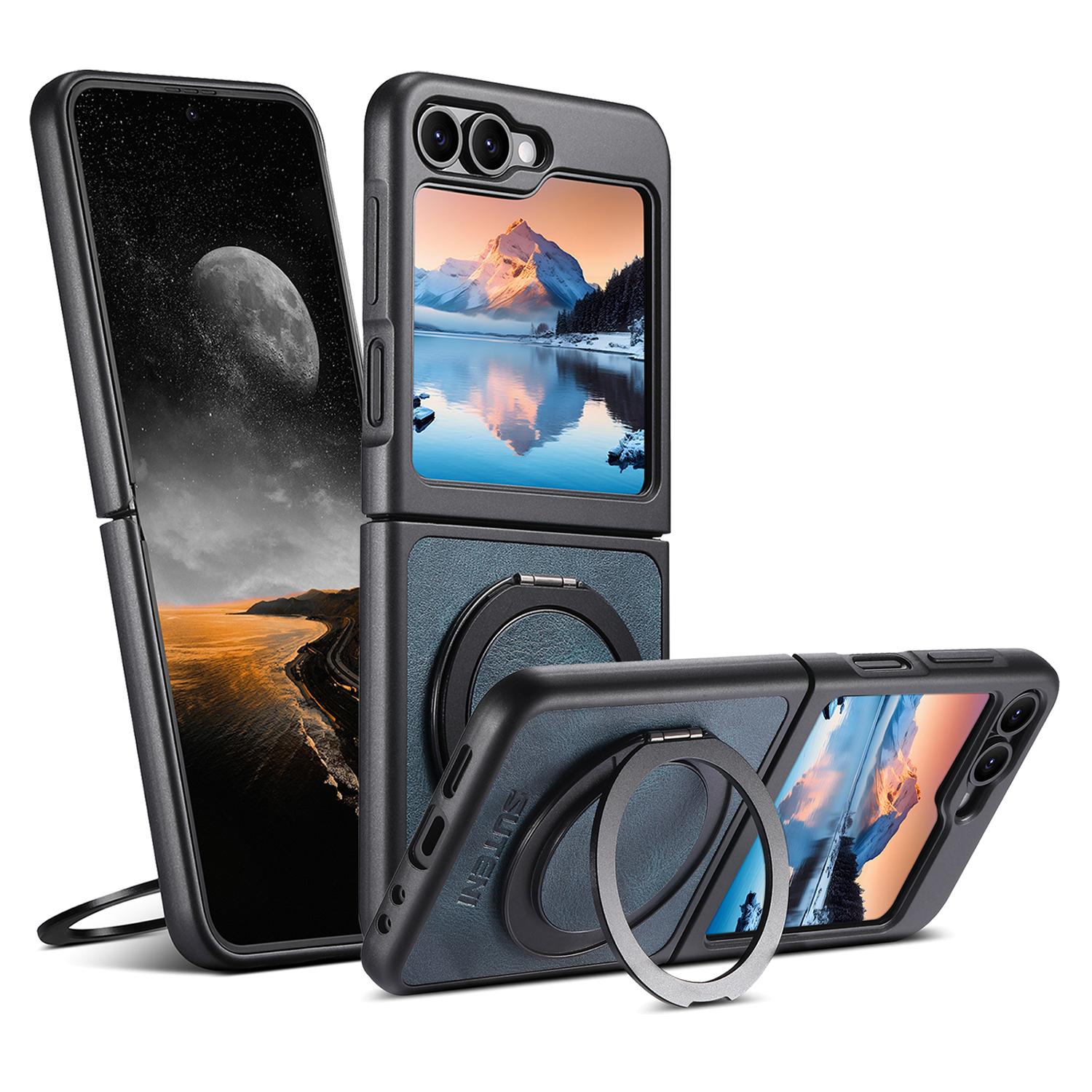 

SUTENI G3 For Samsung Galaxy Z Flip7 FE 5G/Z Flip6 5G Case Compatible with MagSafe Waxy Texture Rotating Kickstand Leather Phone Back Cover Blue
