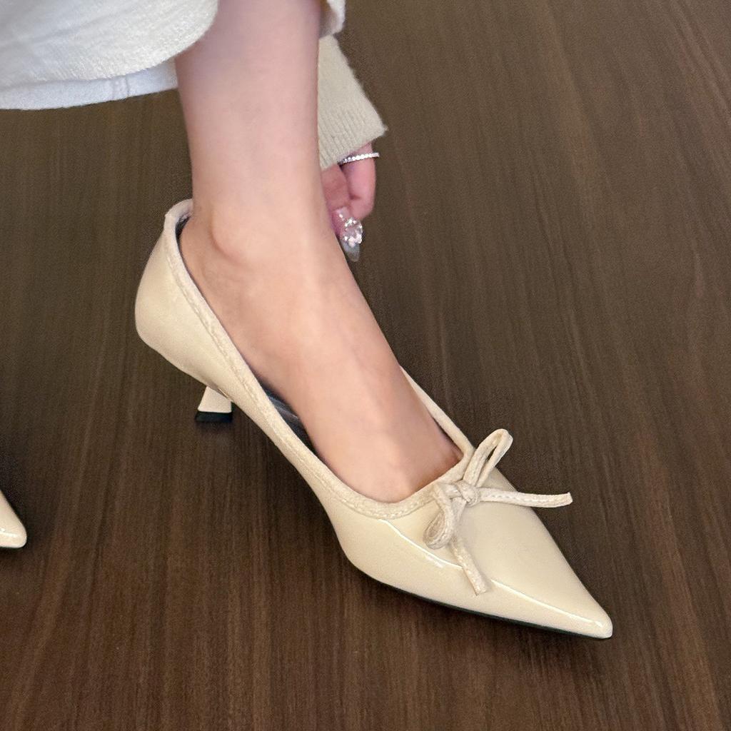 Gentleness • Rice apricot bow high heels women's 2025 new spring and summer patent leather shoes