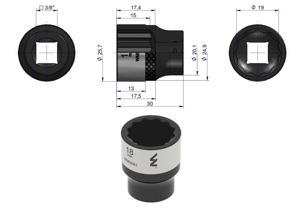 12-Point Socket 3/8". 18 Mm. Crv50Bv30. Din 3124. Waryński
